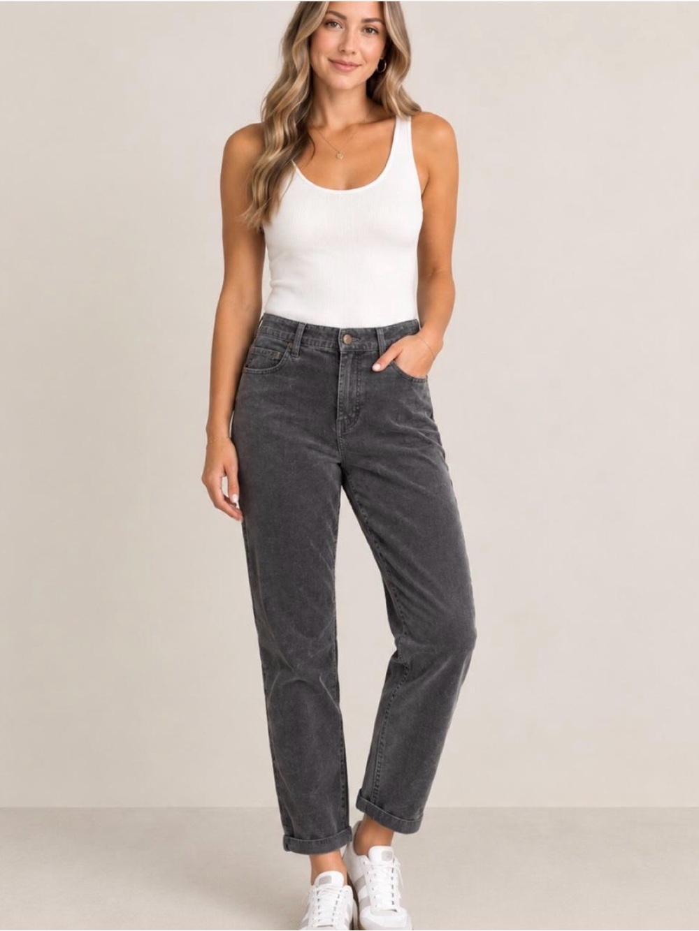 Current/Elliott The Fling Corduroy Slim Boyfriend Pants Naval Nights Grey 24/0